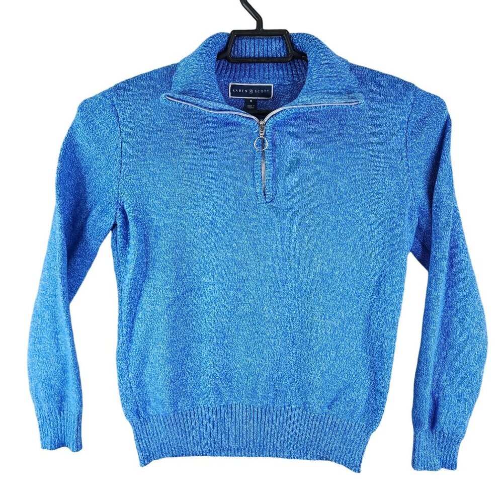 Women's Blue Karen Scott 1/4 Zip Sweater 100% Cotton Long Sleeve Size M